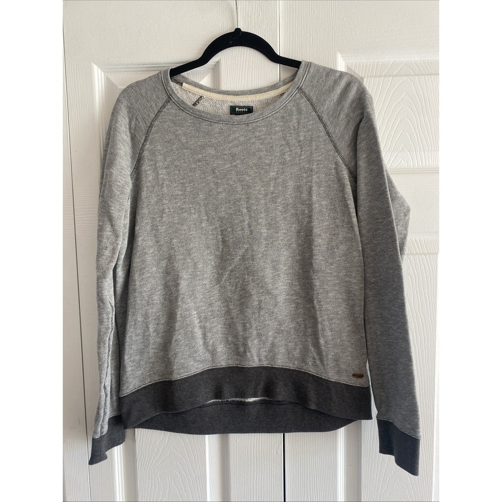 Roots Canada Raglan Micro Stripe Sweatshirt Womens Size S Grey Pullover Cotton